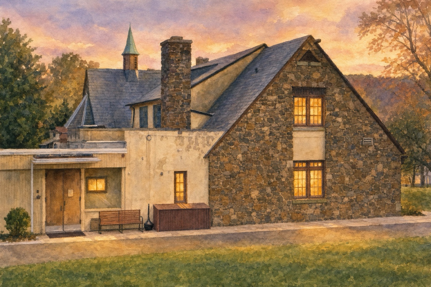 Watercolor painting of Wilson Memorial Church at dusk